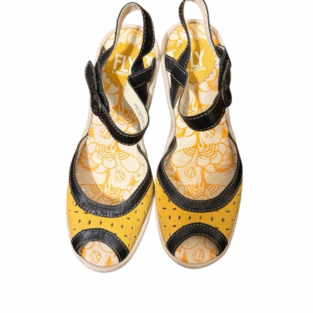 Fly London Yellow and Black Wedges sandals - Picture 2 of 5